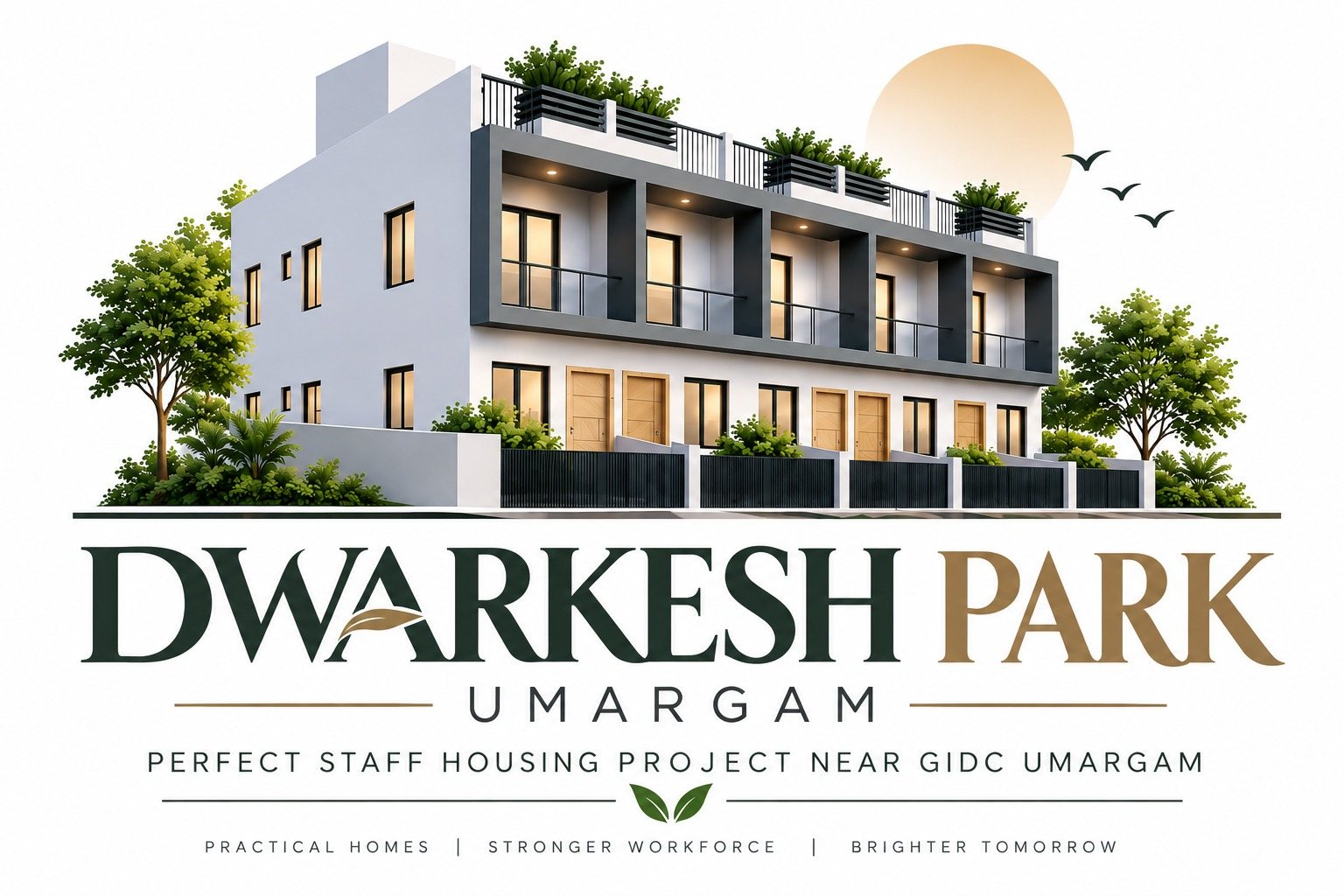 Dwarkesh Park, Umargam: render of the row-house development with the project logo and the line Perfect Staff Housing Project near GIDC Umargam