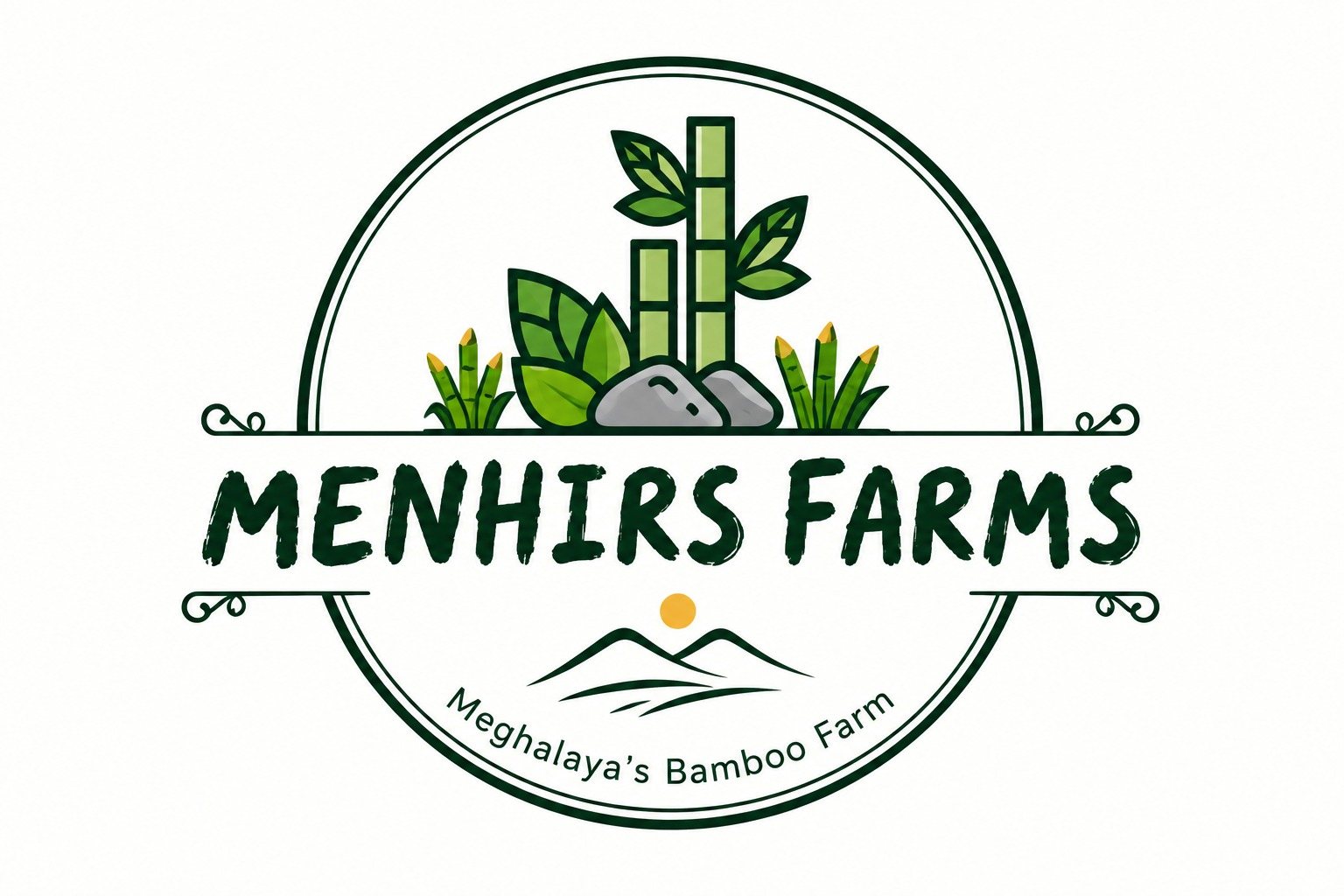 Menhirs Farms logo: bamboo stems and leaves over hills, with the line Meghalaya’s Bamboo Farm